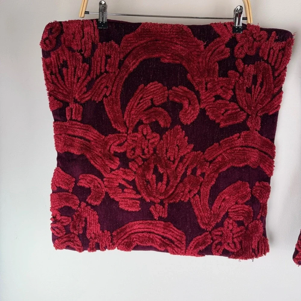 Pottery Barn Burgundy Red Damask Textured 22x22 Pillow Covers Set of 2
